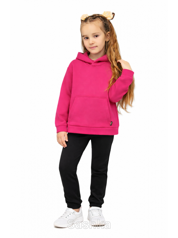 Трикотажний костюм на флісі малиновий з чорним штанами для дівчинки